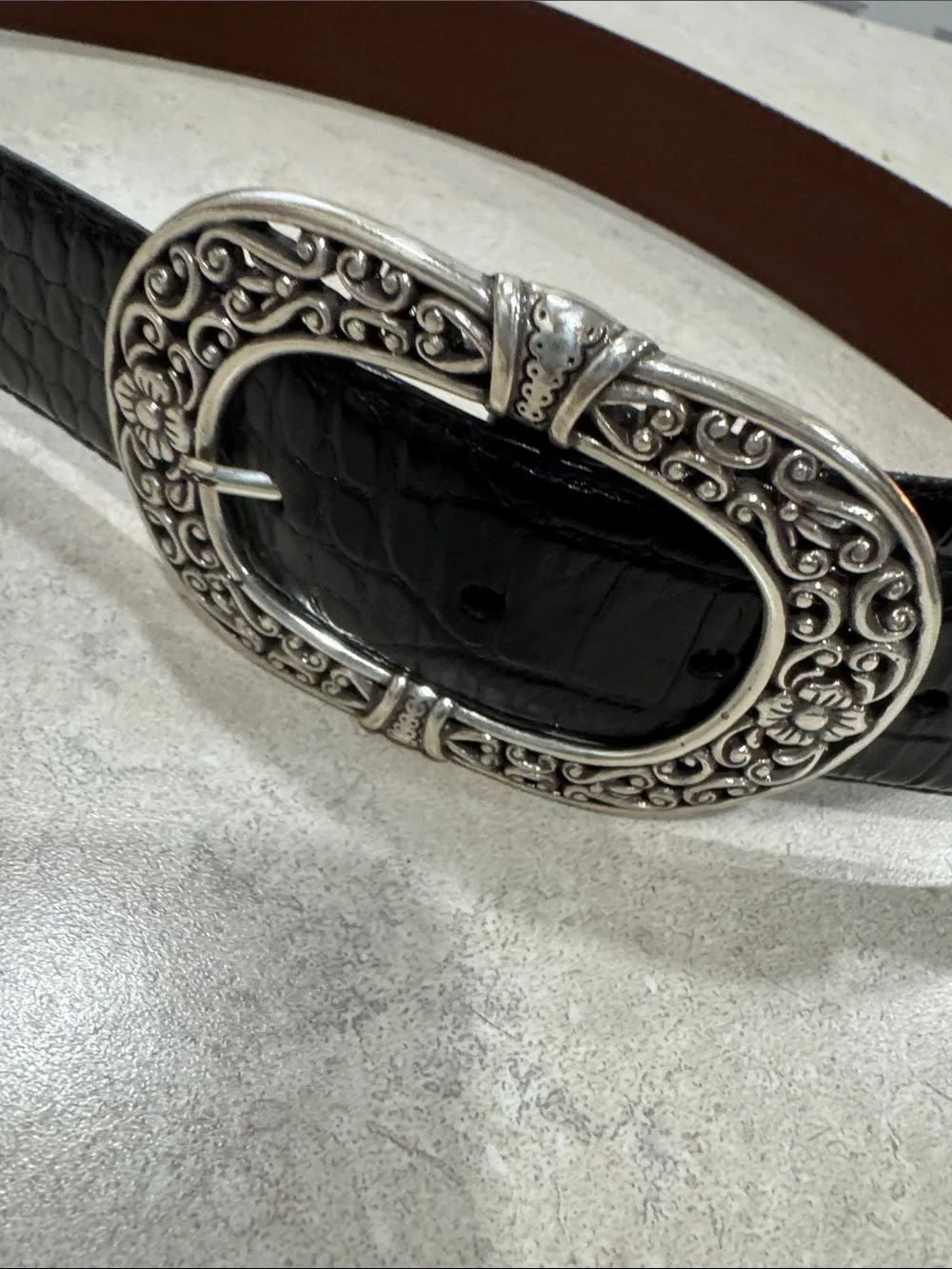 Brighton Black Croc-Embossed Leather Belt with Ornate Silver Buckle